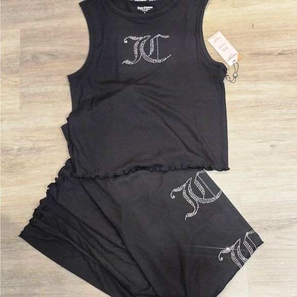 Juicy Couture JC Rhinestone Logo Ribbed Tank & Pants PJ Set- Black - Picture 5 of 8